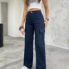 12128 Dewberry High Waist Wide Leg Cargo Pocket Trousers-NAVY BLUE