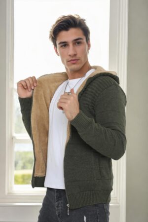 14455 Dewberry Furry Hooded Mens Sports Slim Fit Cardigan-Khaki