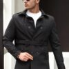 23058 Dewberry Lined Belted Double Breasted Mens Trenchcoat-BLACK
