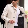 23058 Dewberry Lined Belted Double Breasted Mens Trenchcoat-CREAM