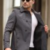 23058 Dewberry Lined Belted Double Breasted Mens Trenchcoat-GREY