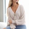 23325 Dewberry 3 Button V-Neck Women Cardigan-STONE