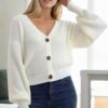 23325 Dewberry 3 Button V-Neck Women Cardigan-WHITE