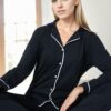 39374 Dewberry Cotton Buttoned Women Pyjama Set-BLACK-WHITE