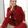 39374 Dewberry Cotton Buttoned Women Pyjama Set-DARK BURGUNDY