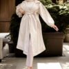 40345 Dewberry Belted Balloon Sleeve Women Trenchcoat-BEIGE