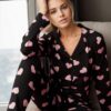 43103 Dewberry Buttoned Women Pyjama Set-BLACK