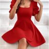 48753 Dewberry Mini Size Balloon Sleeve Crepe Dress-RED
