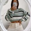 49425 Dewberry Striped Knit Crop Women Sweater-LIGHT GREEN