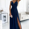 498-1 Long dress with neckline and double straps - NAVY BLUE WITH BROCADE
