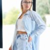 49999 Dewberry Blue Wrinkled Detailed Striped Women Shirt-LIGHT BLUE