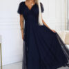 562-1 NASTIA Long dress with neckline and short sleeves - DARK BLUE