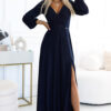 572-1 NELA Shiny Long Dress with Neckline and Long Sleeves - DARK BLUE