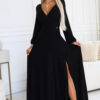 572-2 NELA Shiny Long Dress with Neckline and Long Sleeves - BLACK