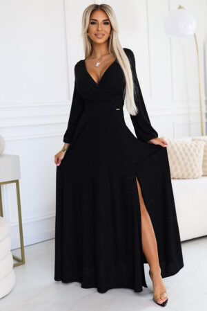 572-2 NELA Shiny Long Dress with Neckline and Long Sleeves - BLACK