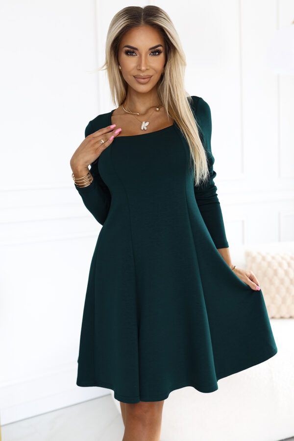 574-1 IVANA Comfortable Trapeze Dress with Neckline and Long Sleeves - BOTTLE GREEN