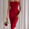 64500 Dewberry Thin Strap Draped Midi Evening Dress-RED