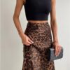 68223 Dewberry Leopard Pattern Satin Midi Length Skirt-BLACK-BROWN