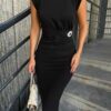 69862 Dewberry Brooched Padded Crepe Women Dress-BLACK