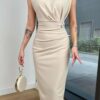 69862 Dewberry Brooched Padded Crepe Women Dress-STONE