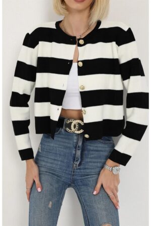 74390 Dewberry Crew Neck Striped Crop Cardigan-BLACK