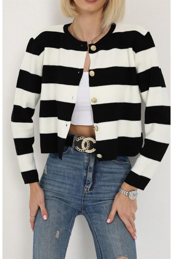 74390 Dewberry Crew Neck Striped Crop Cardigan-BLACK
