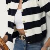 74390 Dewberry Crew Neck Striped Crop Cardigan-NAVY