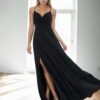 74886 Dewberry Rope Strap Slit Evening & Graduation Dress-BLACK