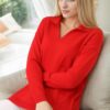 83295 Dewberry Polo Neck Long Sleeve Slit Sweater-RED