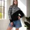 90315 Dewberry Half Turtleneck Leopard Womens Sweater-BLACK