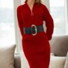 92522 Dewberry Long Knit Women Dress (Belt Not Included)-RED