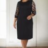 97062 Dewberry Polka Dot Flocked on Sleeves Plus Size Dress-BLACK