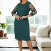97062 Dewberry Polka Dot Flocked on Sleeves Plus Size Dress-GREEN