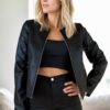 99098 Dewberry Plain Women PU Jacket-BLACK