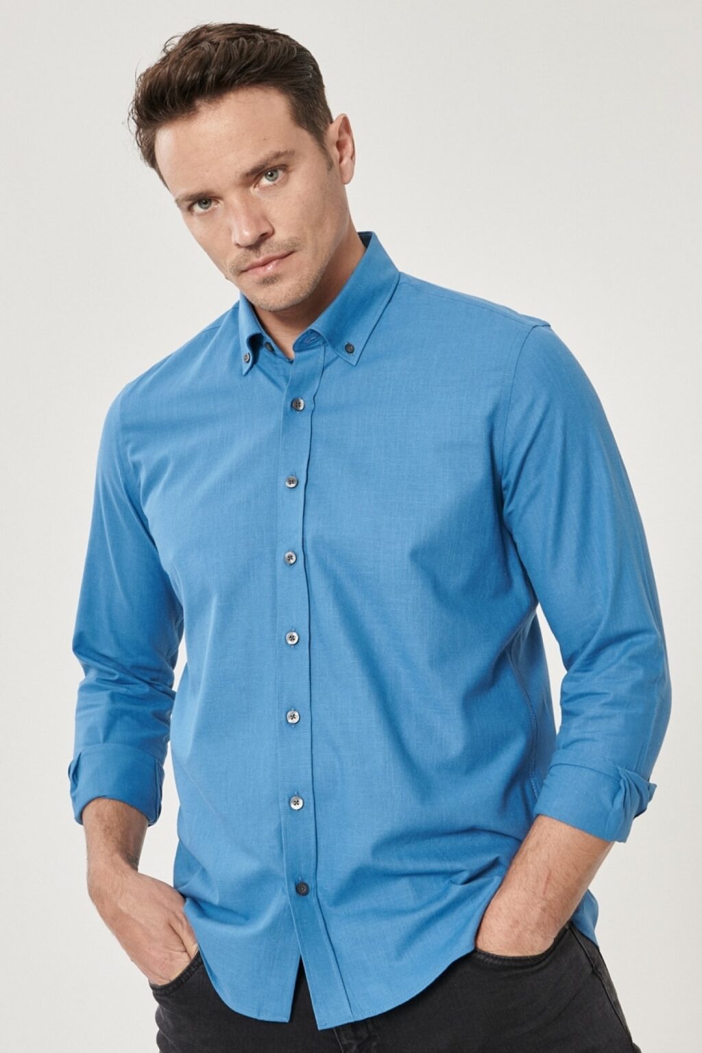 AC&Co / Altınyıldız Classics Men's Petrol 100% Cotton Breathable Fabric Flamed Oxford Slim Fit Button-down Collar Shirt