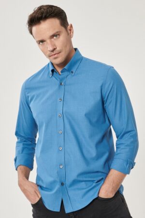 AC&Co / Altınyıldız Classics Men's Petrol 100% Cotton Breathable Fabric Flamed Oxford Slim Fit Button-down Collar Shirt