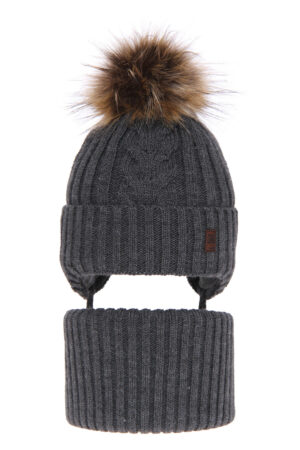 AGBO Boy's winter set: hat and tube scarf grey Kongo with pompom