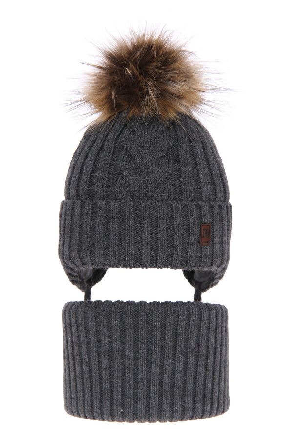 AGBO Boy's winter set: hat and tube scarf grey Kongo with pompom