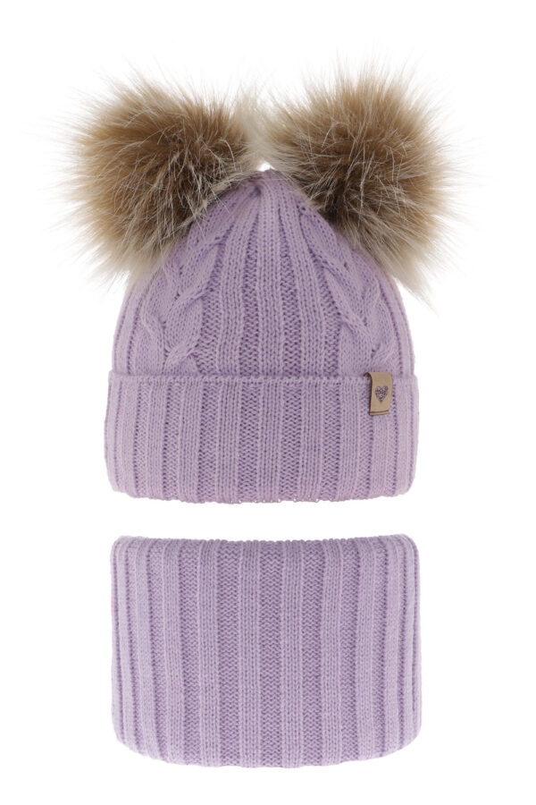 AGBO Girl's winter set: hat and tube scarf violet with two pompoms Amala