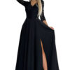 AMBER Elegant Lace Long Dress with Neckline and Slit on Legs - Black