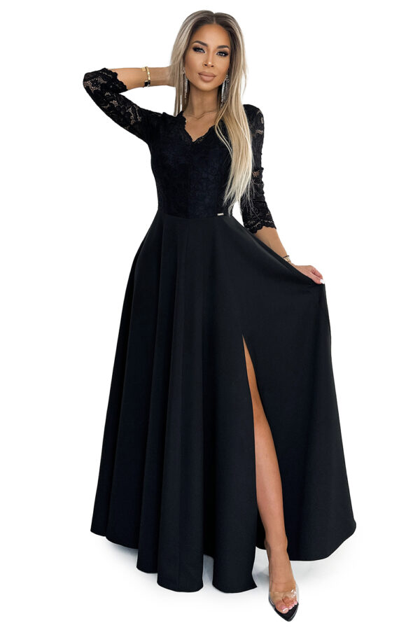 AMBER Elegant Lace Long Dress with Neckline and Slit on Legs - Black