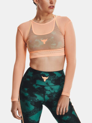 Apricot Women's Sports Crop Top Under Armour Project Rock Sheer Mesh LS