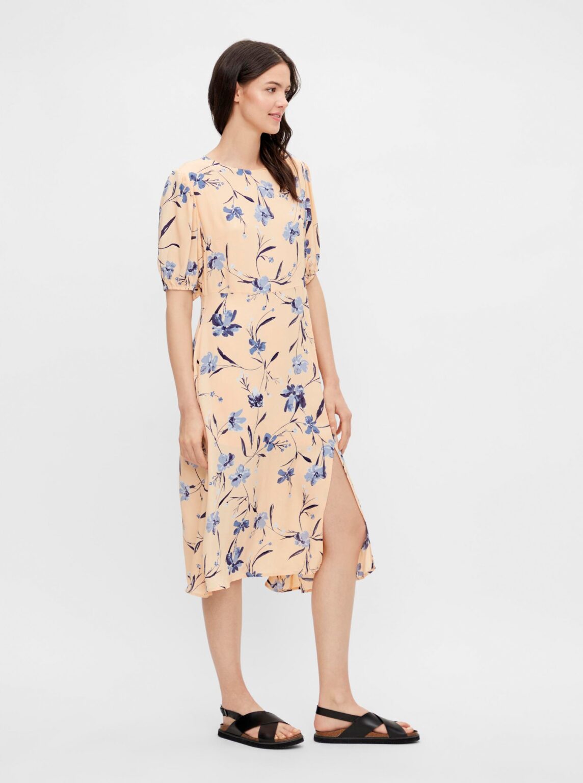 Apricot floral midi dress with back neckline Pieces Lillian - Women's