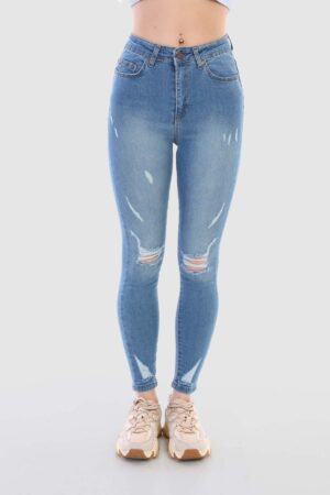 BİKELİFE Blue Laser Patterned High Waist Lycra Denim Pants