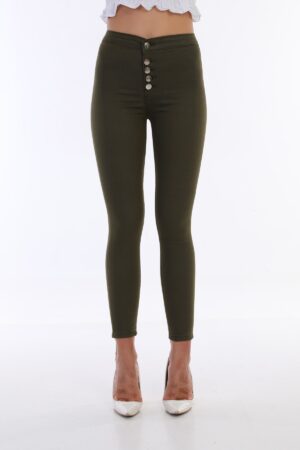 BİKELİFE női Khaki magas derékú vékony lábú gombos leggings nadrág