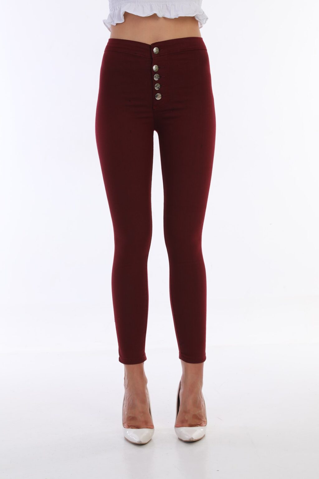 BİKELİFE női bordó magas derékú vékony szárú gombos leggings nadrág