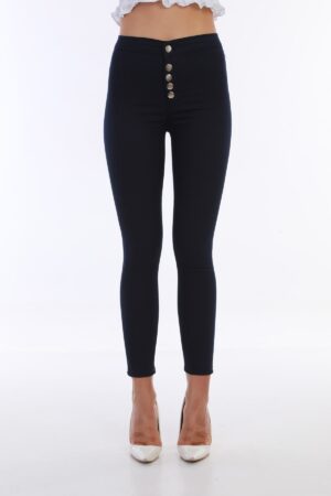 BİKELİFE női tengerészkék magas derékú vékony lábú gombos leggings nadrág