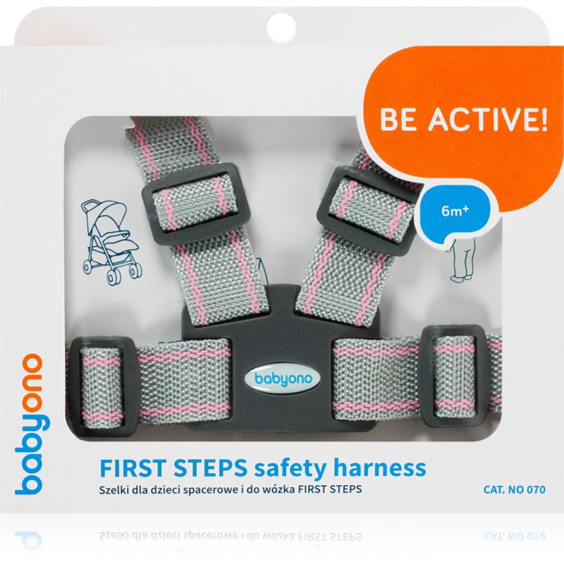 BabyOno Be Active Safety Harness First Steps biztonsági heveder gyermekeknek Grey/Pink 6 m+ 1 db-Ár