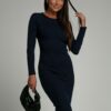 Basic Navy Blue Ribbed Long Sleeve Dress