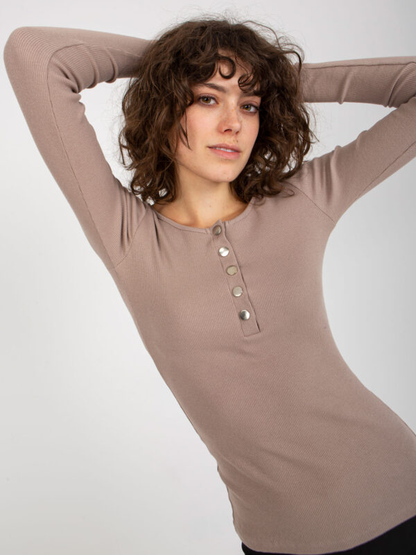 Basic dark beige ribbed blouse with snap studs from Bliss